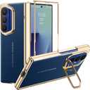 for Samsung Galaxy Z Fold 7 Case with Leather Back, Built-in Camera Kickstand, Electroplated Frame & Hinge Protection, Screen Protector, Thin & Slim Leather Stand Cover 5G 2025, Blue