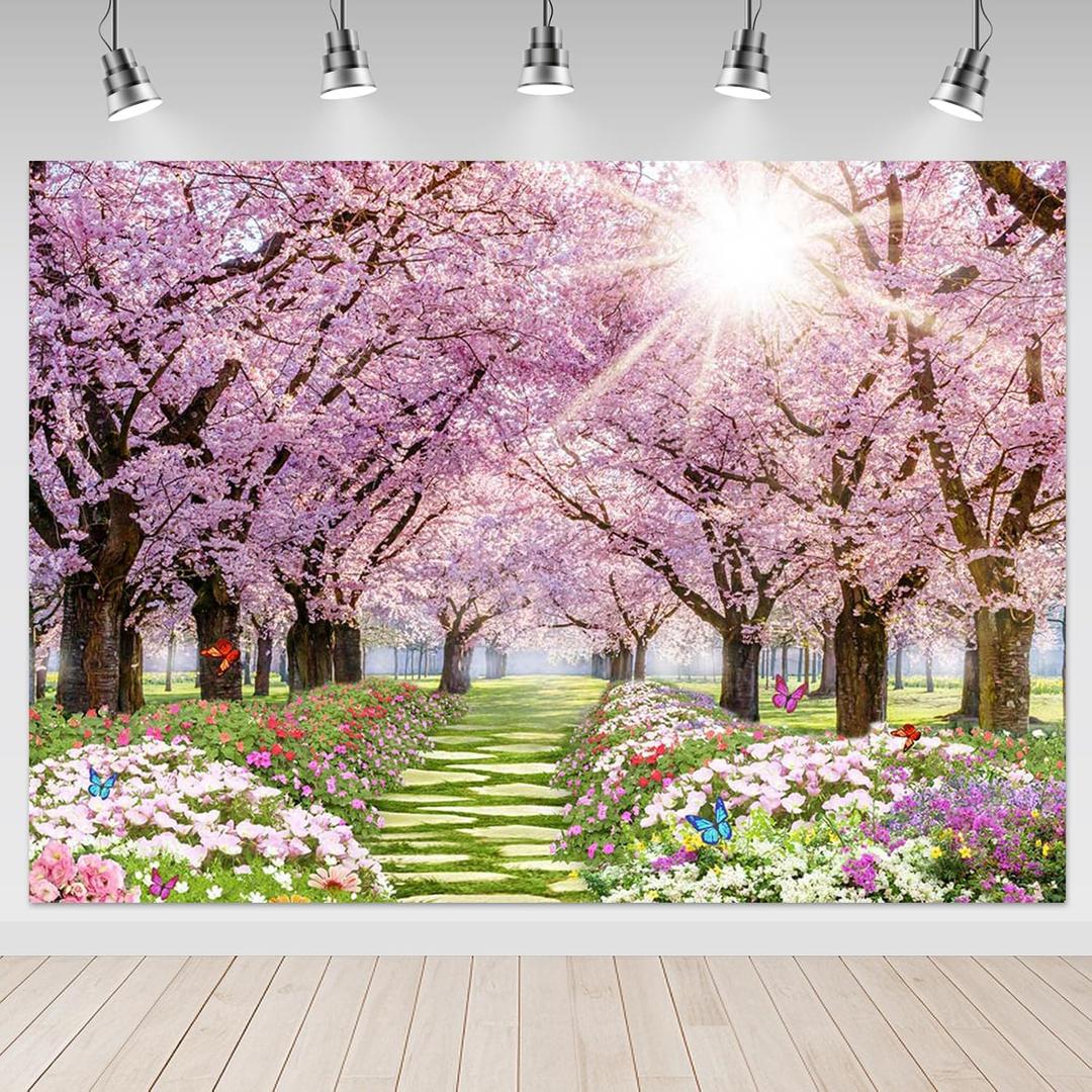 Mocsicka Spring Backdrop 7x5ft Flower Tree Garden Path Landscape Background Cherry Blossom Wedding Baby Shower Birthday Decor Supplies Studio Photography Photo Booth Prop