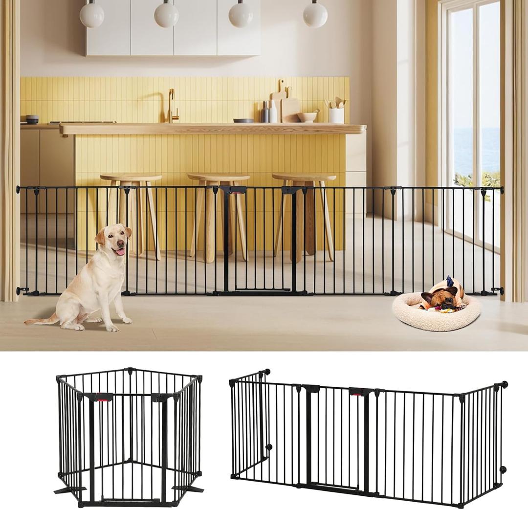 AGESISI Freestanding Dog Gates with Door Walk Through, Extra Wide Doggy Door 125" W x 29" H Pet Gate Safty 5 Panels Dog Fence for Stairs, Doorways (Black)