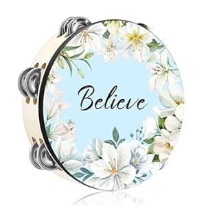 Fiada Tambourines for Adults 10 Inch Church Christian Flowers Dance Tambourine Double Row Jingle Bible Hand Bell Drum for Church Pray Party Percussion Musical Instrument Hand Bell Clap Drum (Believe)