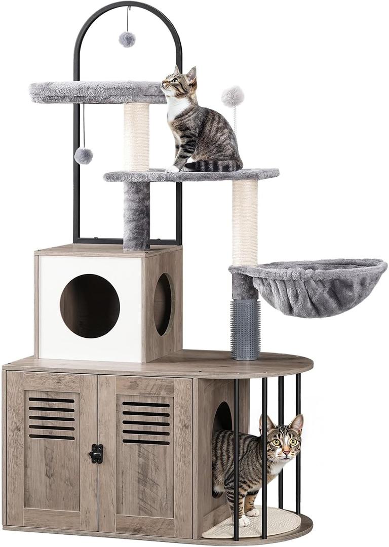 HOOBRO Cat Tree with Litter Box Enclosure, Arched All-in-One 31.5" Cat Tower with Hidden Litter Box Furniture for Indoor Cats, Versatile Cat Condo with Sisal Posts, Hammock, Greige and Gray BG45MZ03
