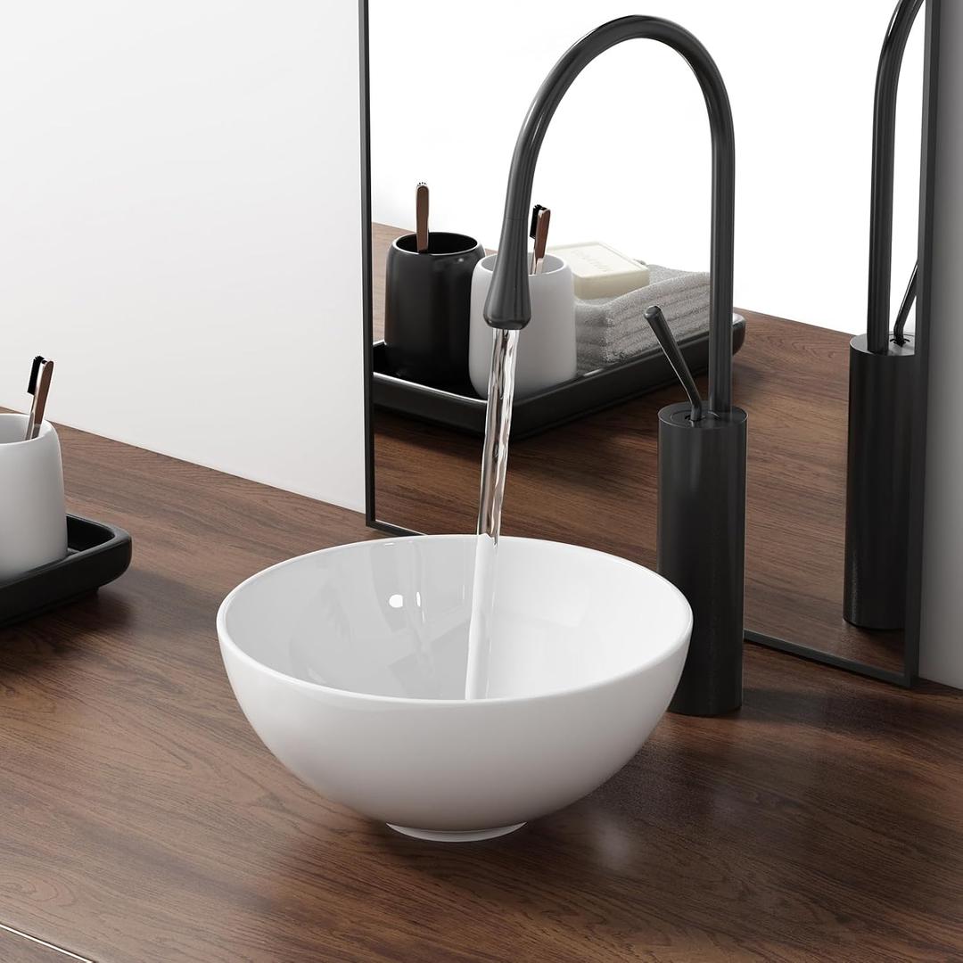 11 Inch Round Bathroom Bowl Sink Above Counter, QISHKA Mini White Ceramic Vanity Vessel Sink - 11" x 11" Small Countertop Circle Art Basin for Space-Saving