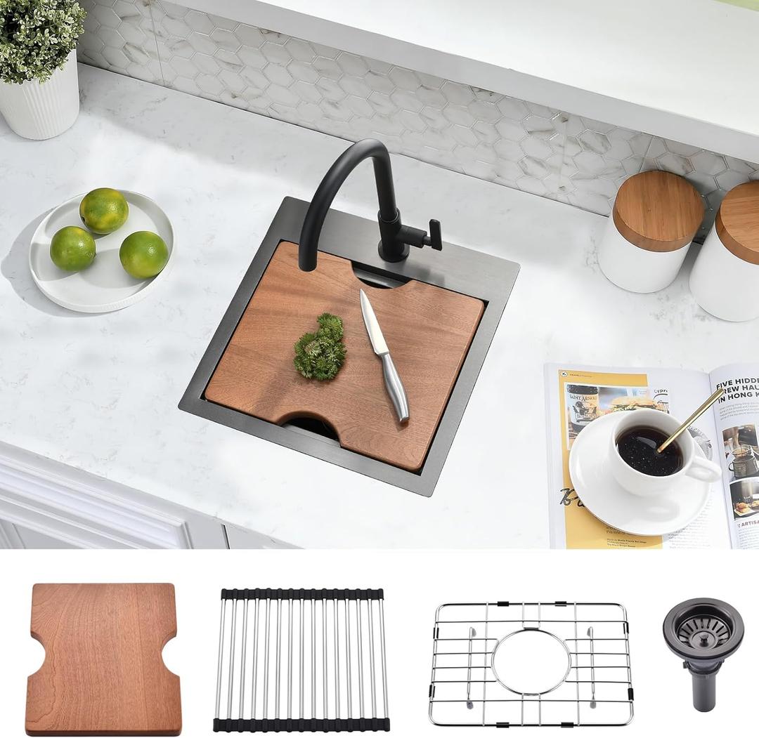 15x15 Black Bar Sink Drop In - 16 Gauge Black Stainless Steel Small Kitchen Sink, 9" Deep Single Bowl Workstation Sinks with Accessories for RV, Outdoor Kitchen & Wet Bar