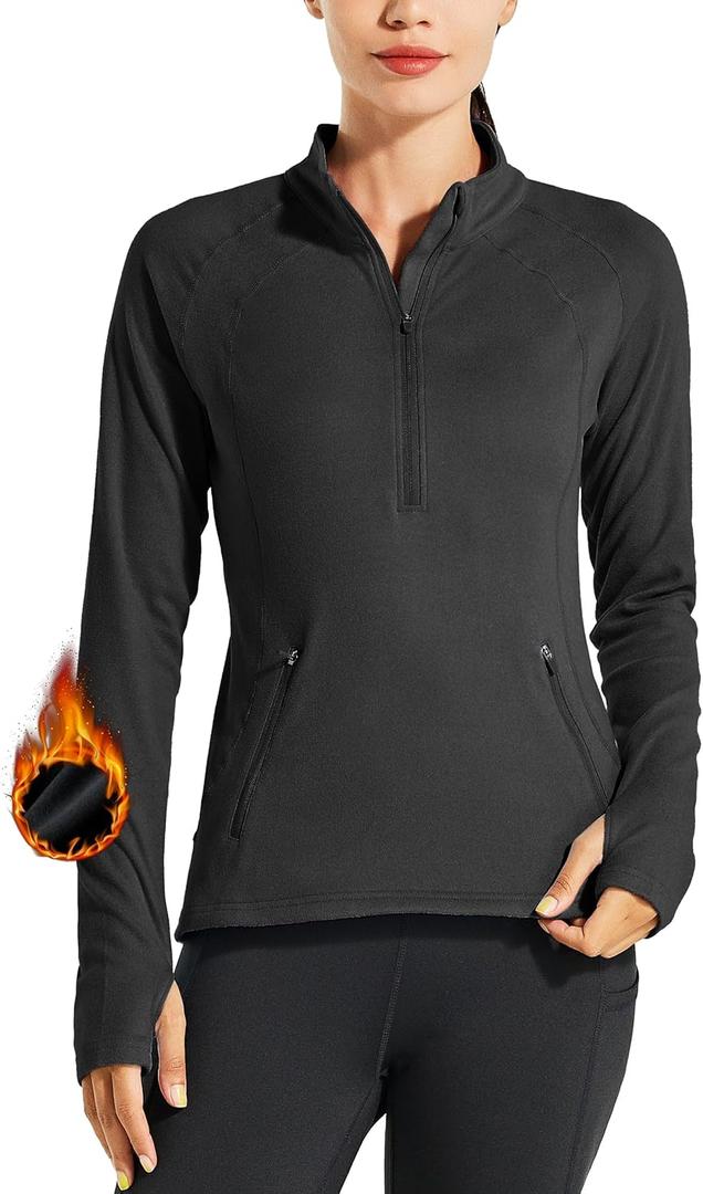 Willit Women's Fleece Running Jacket Pullover Thermal Equestrian Shirt Golf Shirt Long Sleeve Half Zip Exercise Winter Gear (Medium, Black)