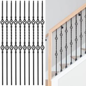 Iron Baluster Staircase Hollow Double Basket Single Twist Staircase Spindles 44"X1/2" Sturdy Modern Decorative Railing Spindles Square Stair Railing for Indoor Outdoor Deck Spindles-10pcs Matte Black (10 Pack 44")