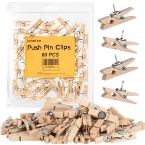 Push Pin Clips for Cork Board, 60 Pcs Wooden Paper Clips with Push pins for Bulletin Board Decoration, Artworks, Notes, Photos, Cubicle and Classroom Decor