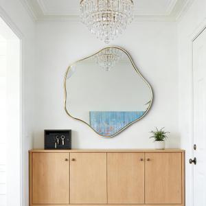 Irregular Round Mirror, 28" Scalloped Mirror with Gold Metal Frame, Modern Asymmetrical Wall Mirrors Decorative, Wavy Shaped Mirrors for Living Room Bathroom Bedroom Hallway Entryway