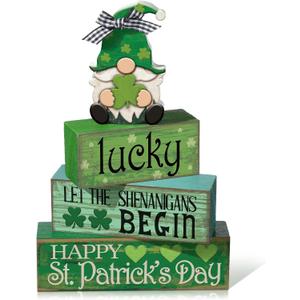 4 Pcs St. Patrick's Day Table Decoration Irish Tiered Tray Decor Wooden Gnome Shamrocks Block Signs Happy St. Patrick's Day Centerpiece for Tables Irish Wooden Sign for Home Decor