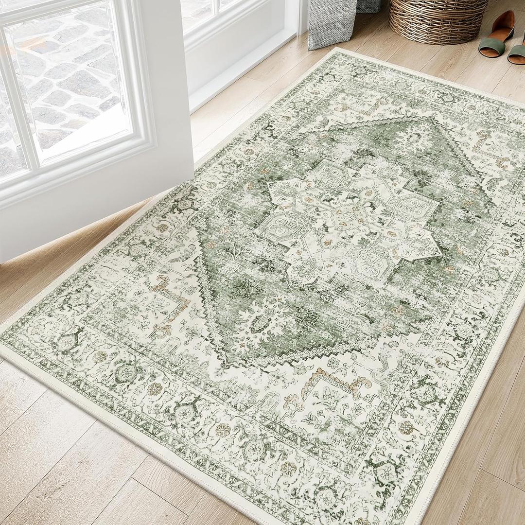 LIVEBOX Washable Area Rug 3x5 - Vintage Tribal Non-Slip Indoor Rugs for Kitchen Entryway, Low-Pile Front Door Mat Print Distressed Accent Throw Rug for Bedroom Entry Foyer Laundry Room, Sage