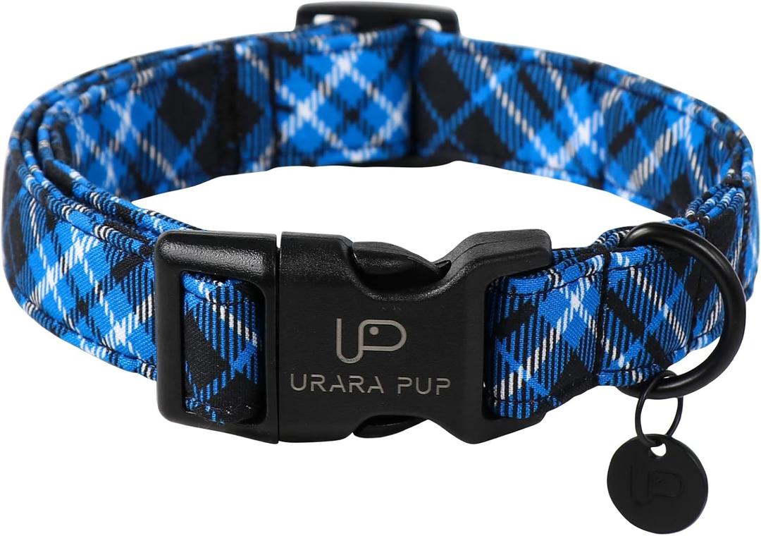 Autumn Cotton Dog Collar, Blue Plaid with Plastic Buckle, Adorable Pet Collar for Puppy, Cat or Dog