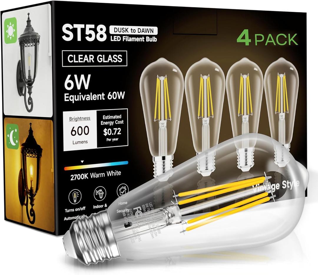 Dusk to Dawn Light Bulbs, 6W Equivalent 60W, Soft White 2700K, E26 Base, Light Sensing, ST58 Vintage Style, 600LM, Outdoor Edison Bulbs, Automatic Light Bulbs for Porch Patio Garage, 4 Pack