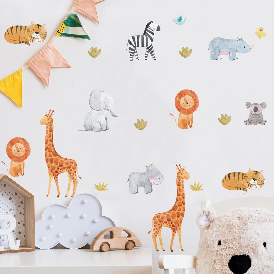 Animals Wall Decals for Kids, Jungle Removable Wall Stickers Toddler Boy Girl, Safari Peel & Stick Elephant Lion Giraffe Koala Baby Nursery Sticker [>40 Animal Zoo Wall Cling] + Test Sample Included!