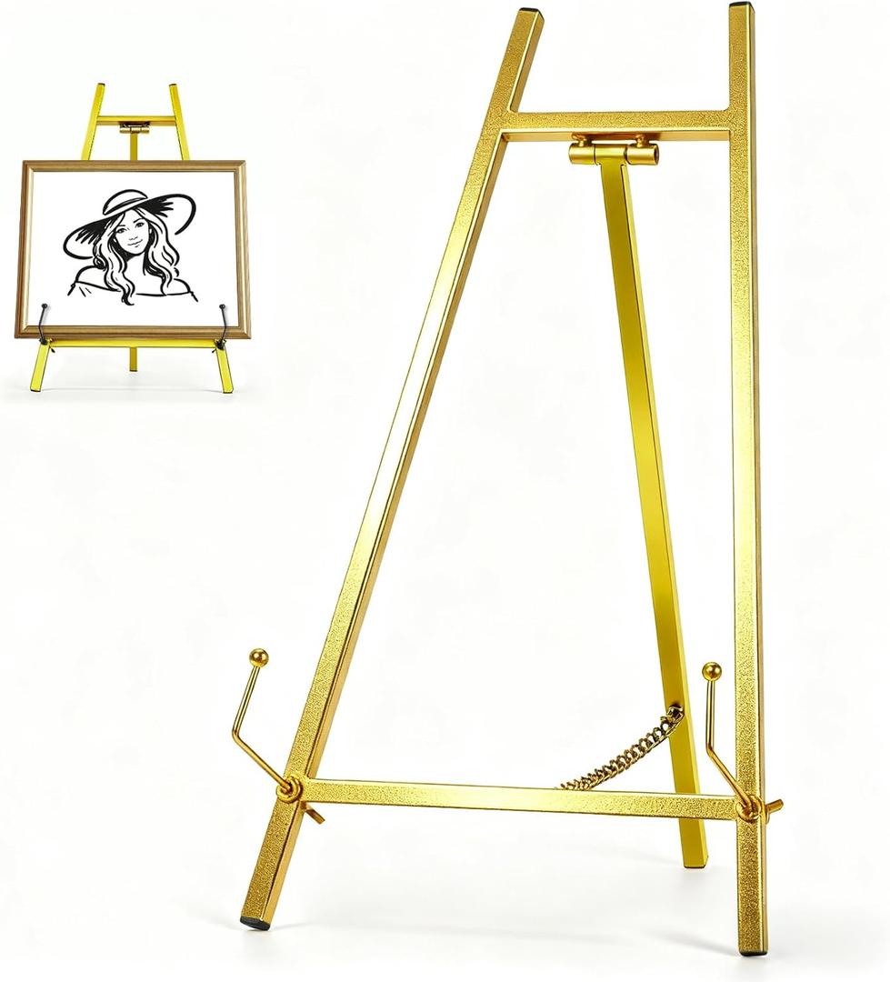 13.3" Metal Easel Stand for Sign  Elegant Table Top Easel for Display, Heavy Duty Tabletop Picture Easel Stand for Wedding Sign, Picture Frame, and Art (Gold)