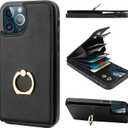 Folosu Compatible with iPhone 12/12 Pro Case Wallet with Card Holder, 360Rotation Finger Ring Holder Kickstand Protective RFID Blocking PU Leather Double Buttons Flip Cover 6.1 Inch Black