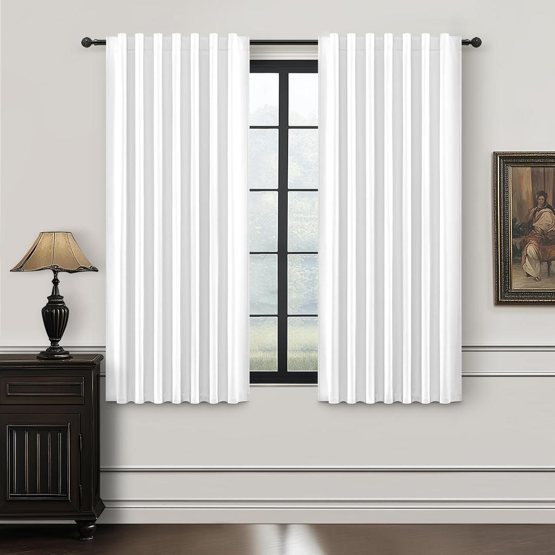 BrightWhite 100% Blackout Cafe Curtains 45 Inches Long 2 Panels Set, Short Linen Heat Blocking Drapes 46 Inch Small Window Decor for Kitchen Bedroom Bathroom Thermal Insulated Textured Look Hook Belt
