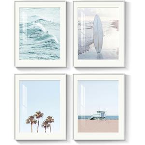 Framed Coastal Beach Wall Art for Living Room, 4 Piece Ocean Wave Palm Tree Surfboard Canvas Artworks, Summer Relaxing Seascape Picture Prints for Bedroom Bathroom Wall Decor, 11x14 Inch (Blue White - 4 Pcs)