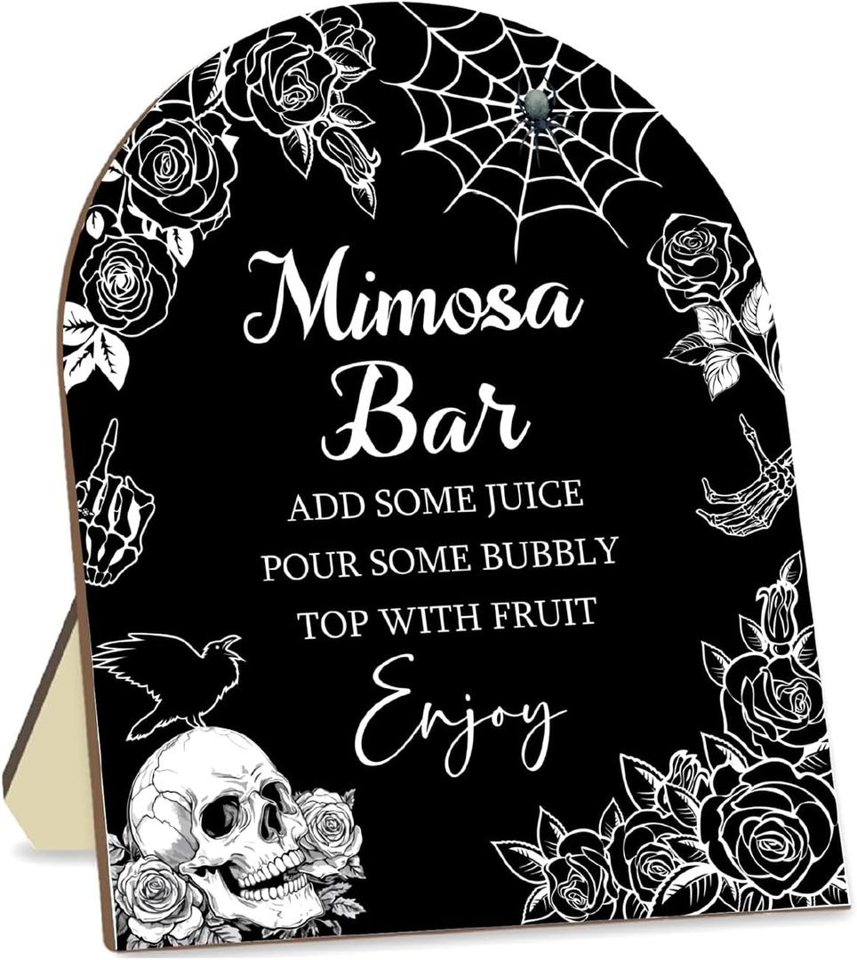 Gothic Mimosa Bar Sign, Wooden Table Arch Welcome Boards with Stand Black White 8"x10", Halloween Bridal Shower Wedding Engagement Bachelorette Parties Tabletop Decoration Supplies