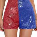Sequin Shorts for Women, High Waisted Elastic Straight Leg Hot Pants, Party Concert Glitter Sparkle Rave Shorts (X-Small, Red & Blue)
