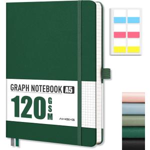 AHGXG Graph Paper Notebook - Grid Notebook Journal A5, 120 GSM Thick Graph Paper, 160 Pages, Leather Hardcover, for Graphing, Writing, Math, Engineering, 5.75''  8.38''- Green