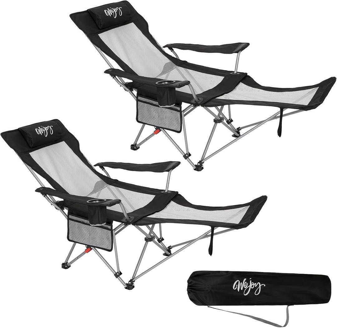#WEJOY 2-in-1 Reclining Camping Chair with Footrest for Adults Folding Lounge Chair with Adjustable Backrest Lightweight Camping Chairs Heavy Duty Camp Chairs for Outdoor (2 Pack Black Grey)