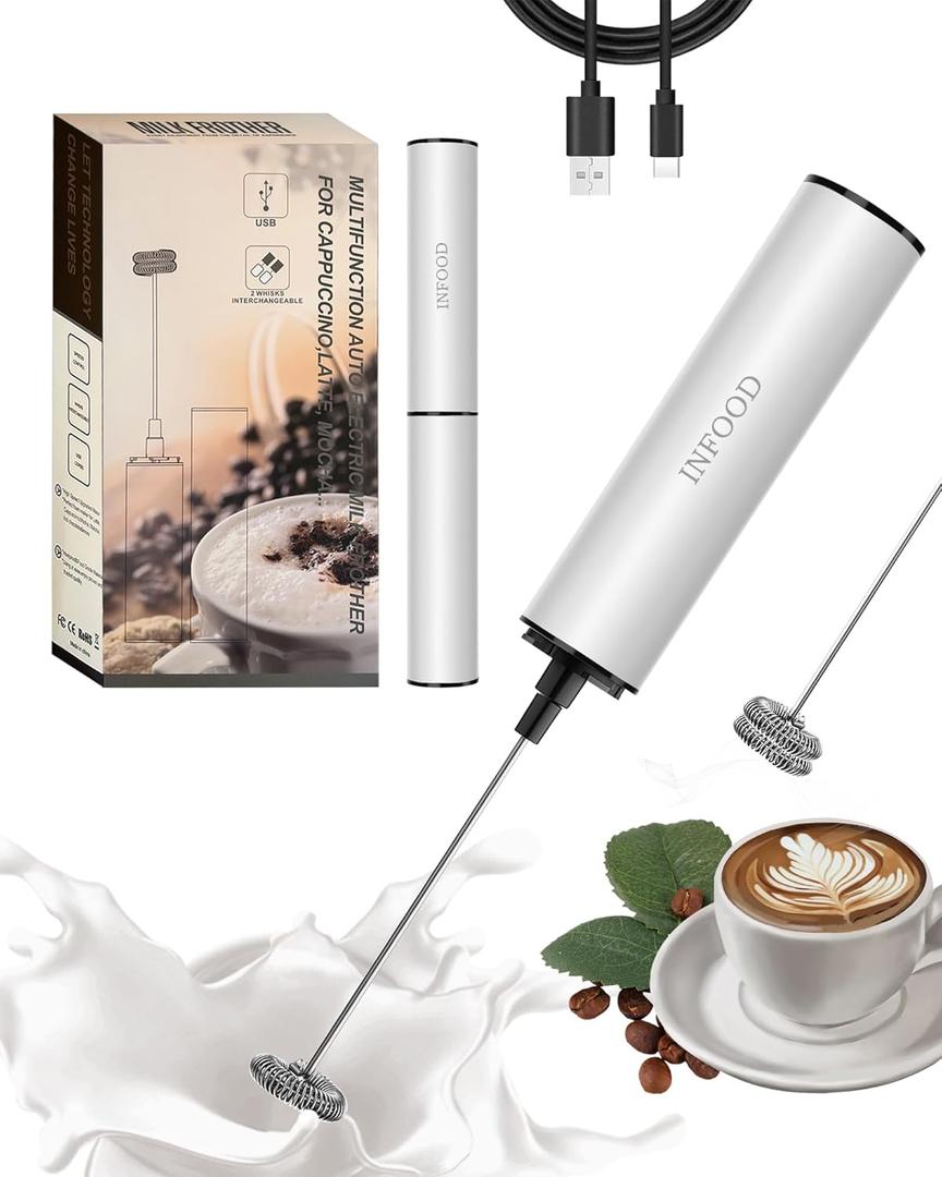 INFOOD Milk Frother Rechargeable with Cover - Coffee Frother Wand, Drink Mixer Handheld with 2 Detachable Stainless Whisks 2 Speed Adjustable for Latte, Cappuccino, Hot Chocolate, Egg, White
