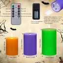3 Pcs Flameless Candles Battery Operated Wax LED Flickering Flameless Pillar Candles with Remote for Halloween Christmas Home Wedding Autumn Decor(Orange,Purple,Green)