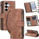 for Samsung Galaxy S25-Plus-Wallet Case: for Galaxy S24 Plus with RFID Blocking Card Slots (6 Cards) | Soft PU Leather Magnetic Snap Zipper Pocket Wrist Strap Protective Phone Cover - Brown