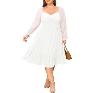 Plus Size Dresses Sweetheart Neckline Long Sleeves Chiffon Party Cocktail A Line Curvy Womens Midi Dress (20 Plus, White)