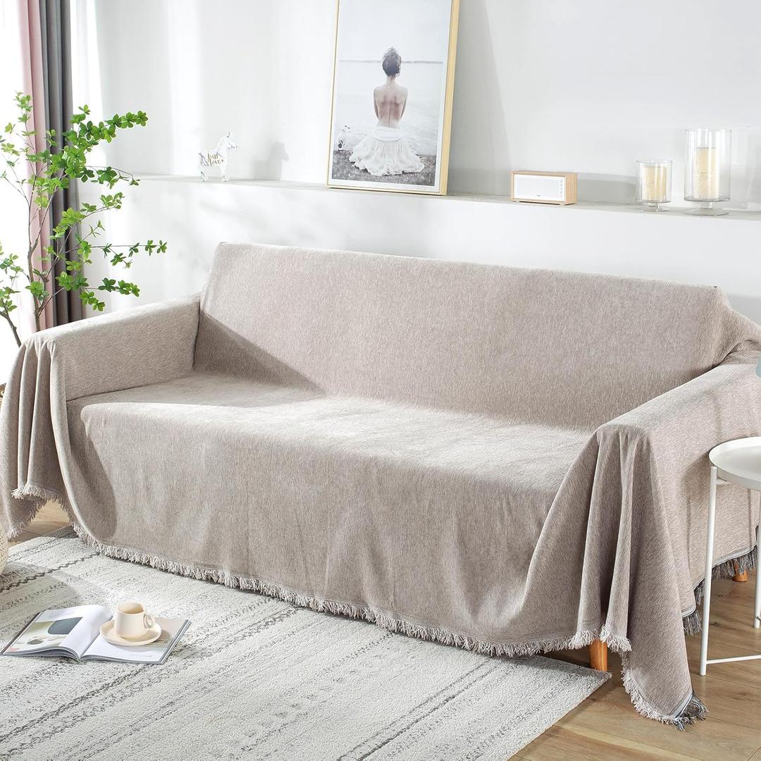 91"x118" Chenille Sofa Cover Extra Wide Water Resistant Couch Covers for 2-3 Cushion L Shape Sectional Sofa Covers Washable Couch Blanket Cover Furniture Protector for Dogs Pets (Khaki, 91"x118")