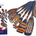 Pakkawood Blue Wooden Kitchen Utensil Set, 7-Piece Cooking Spoons, Non-Stick Colorful Serving Tools with Decorative Pattern