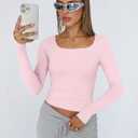 Trendy Queen Womens Square Neck Long Sleeve Shirts Double Lined Slim Fit Tops Y2K Going Out Basic Tees (Pink, M)