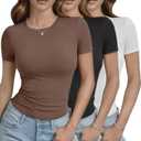 GAYHAY 3 Pack Basic Tees for Women - Crew Neck Slim Fit Tight T Shirts Cute Y2K Trendy Crop Tops Clothes for Casual Summer (X-Small, 1#black/White/Brown)