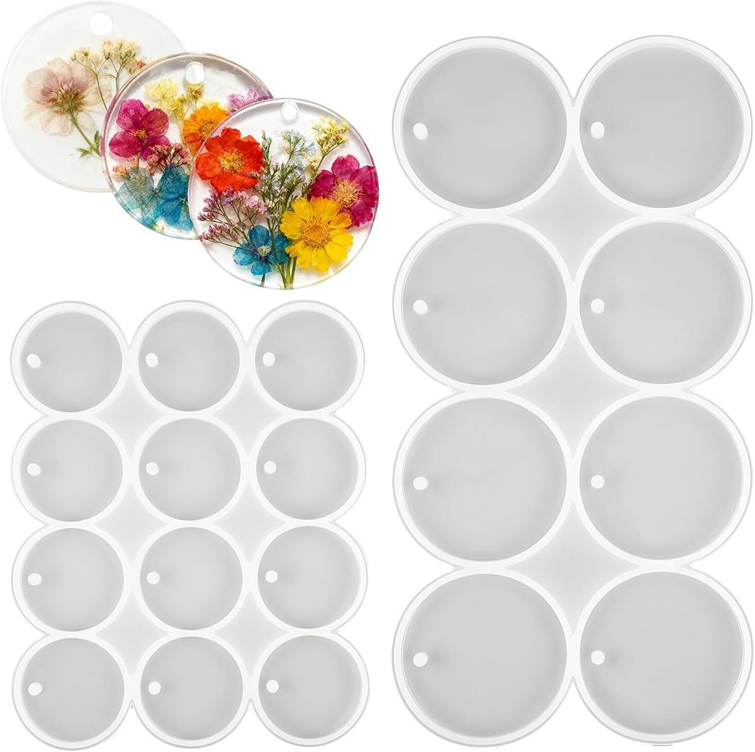 25 Cavity Resin Keychain Molds, Round Silicone Molds Flat Resin Ornament Mold Drilled Round Earrings Pendant Mold Resins Jewelry Keychain with Hole for DIY Pet Tag Earrings Wind Chimes Casting
