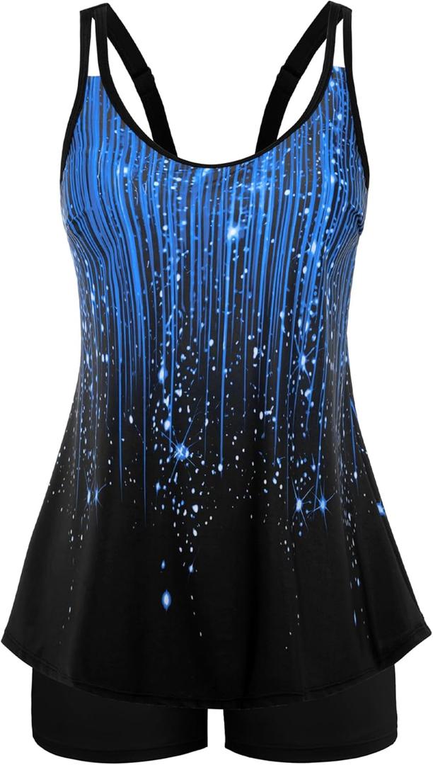 Arolina Tankini Swimsuits for Women Tummy Control Two Piece Bathing Suits Flowy Swim Tops with Boy Shorts (Small, Blue Shooting Star)