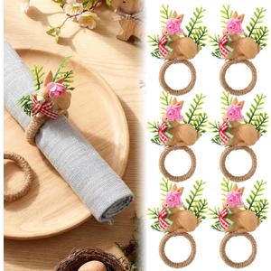 WILLBOND 6 Pcs Straw Bunny Easter Spring Napkin Rings Purple Green and Pink Easter Eggs Napkin Ring Holder Rattan Farmhouse Tissue Rings for Table Decor Dinner Party Settings