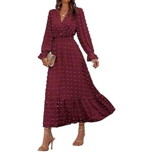 BTFBM Women Fall Maxi Dresses 2025 Long Sleeve V Neck Swiss Dots High Waisted A-Line Ruffle Boho Long Dress Vacation M