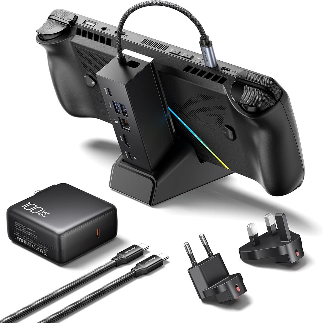 JSAUX Docking Station & 100W Charger for ROG Xbox Ally X (2025)/ROG Ally X/Steam Deck/Legion Go, 6-in-1 Dock with HDMI 4K@120Hz, Gigabit Ethernet, Dual USB A & USB C 3.2 Gen 1, 100W Charging - HB0609