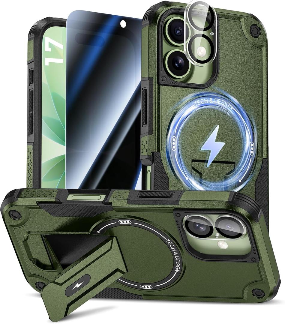 Goton for iPhone 17 Case with Privacy Tempered Glass Screen Protector & Camera Lens Protector, Compatible with MagSafe, Invisible Kickstand, Shockproof Phone Cover, Green