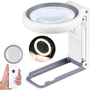 30X 10X Magnifying Glass with Light and Stand, Foldable Handheld Magnifying Glass 18 LED Illuminated Lighted Magnifier for Macular Degeneration, Seniors Reading, Close Work, Coins, Jewelry (White)
