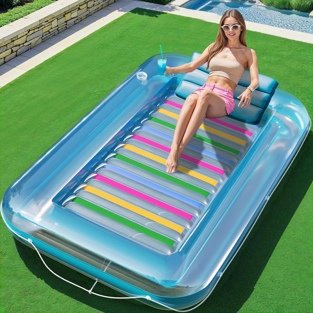 JAMBO Inflatable Tanning Pool Lounger Float, 70 x 47 Sun Tanning Pool Float with Pillow, Water Lounge Raft, Pool Floatie for Adults, Tanning Raft Pool Tub, Water Tanning Bed Kiddie Pool Tanning Floats