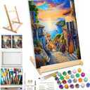 JOOZ Landscape Paint by Numbers Kit for Adults Seaside Sunset Paint by Number with Frame DIY Scenery Paint by Number with Easel Oil Painting Kits for Gift Home Wall Decor 12x16 Inch (TG03)