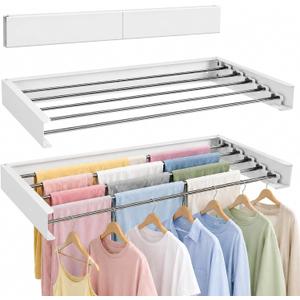 Wall Mounted Clothes Drying Rack Collapsible, Pure Stainless Steel Folding Laundry Drying Rack for Indoor Outdoor Use, Heavy Duty Wall Mounted Clothes Rack White, 80cm x 40cm x 10.5cm