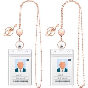 Blulu 2 Styles Set Women Beaded Lanyard with ID Holder Retractable Badge Reel Back to School Gift Stainless Steel Necklace with Water Resistant Name Badge Holder for Teacher Student(Rose Gold)