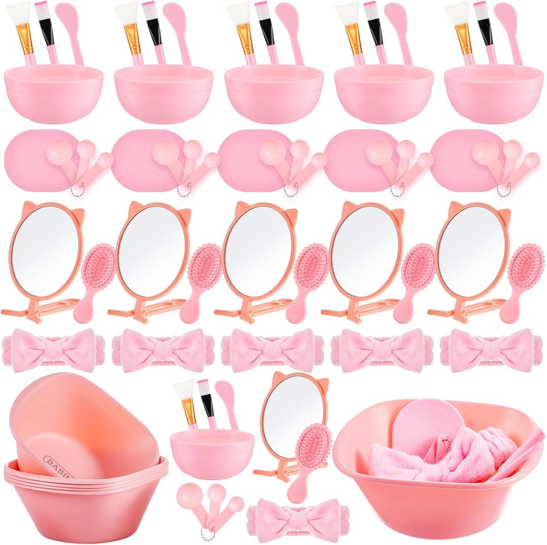 6 Set Spa Party Supplies for Women Pink Facial Mask Bowl Set with Facial Mask Bowls Spatula Brush Puff Measuring Scoop Basin Mirror Air Cushion Comb Headband Spa Birthday Party Favor