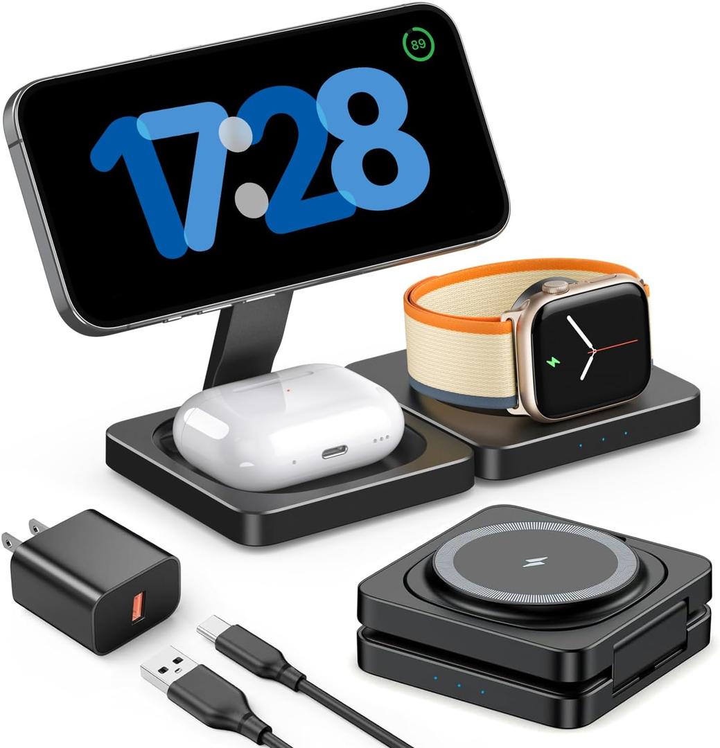 Trendy 3 in 1 Travel Charging Station for Apple Devices, Foldable Magnetic Wireless Charger Stand Compatible with MagSafe, Fast Wireless Charging Pad for iPhone 16/15/14/13/12 & AirPods & Apple Watch