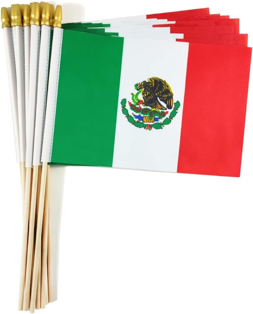 2 x QQSD Mexico Small Flag Mexican Stick Mini Hand Held Flags - Solid Wooden Pole with Spear Top, 12 Pack