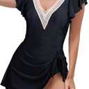 SHEKINI Women's One Piece Swimsuits Tummy Control Bathing Suit Ruffle Lace Swimwear V Neck Swim Dress (Large, Black)