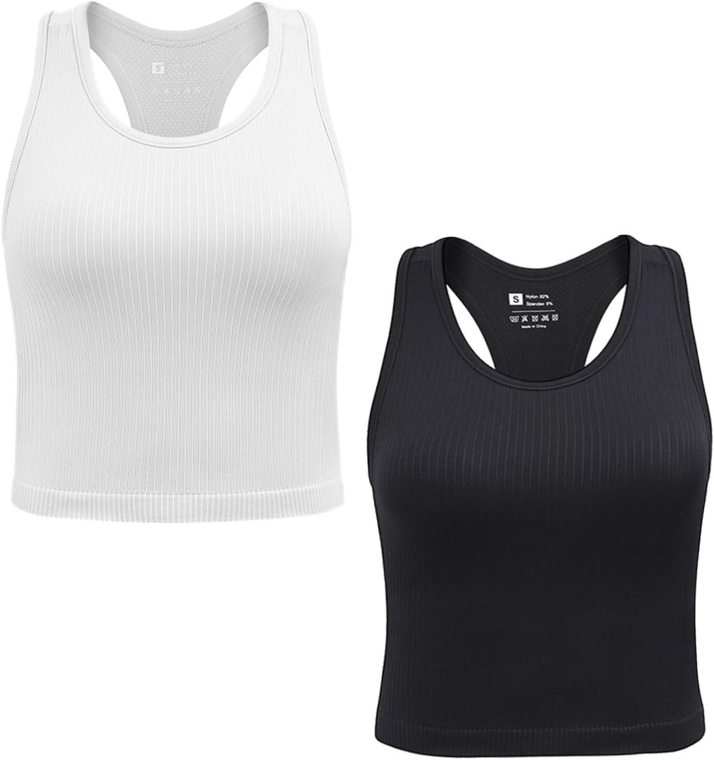2/3/4 Packs Ribbed Racerback Tanks with Built in Bra for Women -Women’s Seamless Crop Tops Camisole Sport Bra, Medium