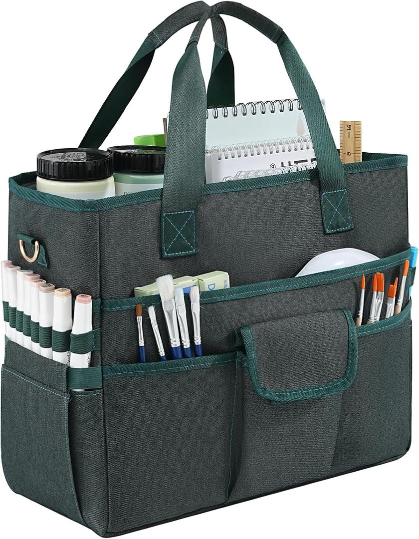 Freebat Craft Organizer Tote Bag with Multiple Pockets & Detachable Shoulder Strap, Art Storage Caddy for Pencil, Stationary, Book, Craft, Art, Office Supplies (Green)