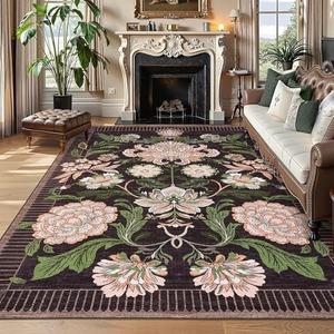 GarveeHome Plum Pink Floral Botanical Washable 8x10 Area Rug for Living Room Soft Black Purple Vintage Boho Cottage Large Rugs Low Pile Carpet for Bedroom Dining Nursery Rug